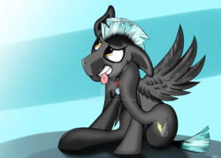 Size: 1600x1143 | Tagged: safe, artist:raptorpwn3, thunderlane, pegasus, pony, g4, behaving like a dog, collar, digital art, ear scratch, itchy, male, pet tag, solo, stallion, tongue out, watermark