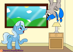 Size: 1400x1000 | Tagged: safe, artist:spritepony, trixie, oc, oc:sprite, alicorn, pony, g4, alicorn oc, confused, standing on the ceiling