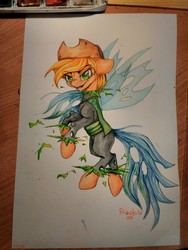 Size: 2448x3264 | Tagged: dead source, safe, artist:rizolate, applejack, queen chrysalis, changeling, changeling queen, g4, character to character, fake applejack, female, floppy ears, grin, high res, shapeshifting, smiling, solo, traditional art, transformation