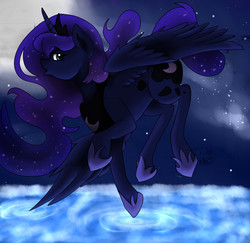 Size: 824x800 | Tagged: safe, artist:thecrystaleevee, princess luna, g4, female, flying, moon, night, ripple, solo, water