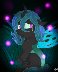 Size: 958x1190 | Tagged: safe, artist:pinkamenascratch, queen chrysalis, changeling, changeling queen, firefly (insect), nymph, g4, crying, cute, cutealis, female, grass, sad, sitting, solo, younger