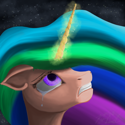 Size: 2000x2000 | Tagged: safe, artist:hyper dash, princess celestia, g4, crying, female, glowing horn, high res, horn, solo
