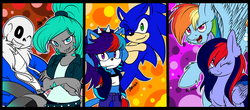 Size: 1280x564 | Tagged: safe, artist:mysteryart716, rainbow dash, oc, oc:catherine, oc:mystic colour, oc:shala, g4, crossover, male, sans (undertale), sonic the hedgehog, sonic the hedgehog (series), undertale