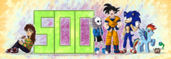 Size: 6508x2250 | Tagged: safe, artist:lonichedgehog, rainbow dash, oc, oc:jacksepticeye, oc:lucy, oc:septic eye sam, oc:tiny box tim, human, g4, crossover, dragon ball, dragon ball z, high res, jacksepticeye, male, markiplier, sans (undertale), son goku, sonic the hedgehog, sonic the hedgehog (series), undertale