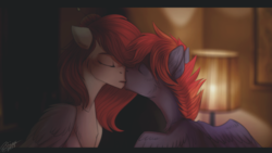 Size: 1024x576 | Tagged: safe, artist:orfartina, oc, oc only, pegasus, pony, female, kissing, male, straight