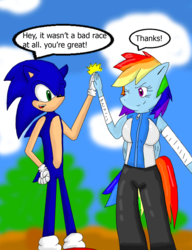 Size: 1194x1554 | Tagged: safe, artist:sonicanimation23, rainbow dash, anthro, g4, crossover, dialogue, male, sonic the hedgehog, sonic the hedgehog (series)