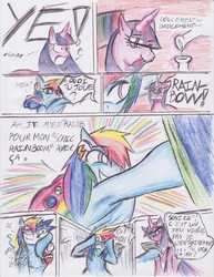 Size: 2550x3300 | Tagged: safe, artist:streled, rainbow dash, twilight sparkle, g4, armpits, comic, crossover, dialogue, french, high res, male, plushie, sonic the hedgehog, sonic the hedgehog (series), traditional art