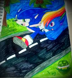 Size: 1700x1840 | Tagged: safe, artist:mongoosegoddess, rainbow dash, g4, crossover, male, sonic the hedgehog, sonic the hedgehog (series), traditional art