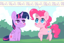 Size: 1000x677 | Tagged: safe, artist:omegaozone, pinkie pie, twilight sparkle, alicorn, earth pony, pony, g4, :<, animated, blah, blinking, blush sticker, blushing, bored, chest fluff, chibi, cute, diapinkes, duo, eye contact, female, frame by frame, frown, gif, lidded eyes, looking at each other, mare, open mouth, perfect loop, prancing, sitting, smiling, speech bubble, talking, trotting, trotting in place, twilight sparkle (alicorn), twilight sparkle is not amused, unamused