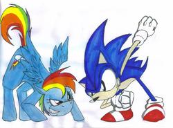 Size: 861x636 | Tagged: safe, artist:gojira007, rainbow dash, g4, crossover, male, sonic the hedgehog, sonic the hedgehog (series), traditional art