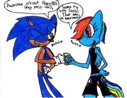 Size: 3300x2550 | Tagged: safe, artist:incarnation982, rainbow dash, anthro, g4, crossover, dialogue, high res, male, sonic the hedgehog, sonic the hedgehog (series), traditional art