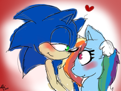 Size: 750x564 | Tagged: safe, artist:nuggetsauris, rainbow dash, pony, g4, crossover, female, interspecies, male, shipping, sonic the hedgehog, sonic the hedgehog (series), sonicdash, straight