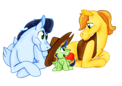 Size: 1000x704 | Tagged: safe, artist:jennythejackass, braeburn, soarin', oc, oc:cortland cobbler, pony, g4, gay, hug, magical gay spawn, male, offspring, parent:braeburn, parent:soarin', parents:soarburn, ship:soarburn, shipping, simple background, transparent background