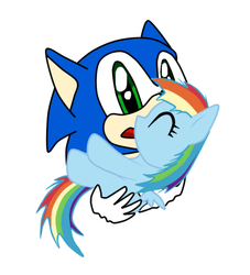 Size: 400x440 | Tagged: safe, artist:idsmehlite, rainbow dash, pony, g4, crossover, filly, filly rainbow dash, holding a pony, male, sonic the hedgehog, sonic the hedgehog (series)