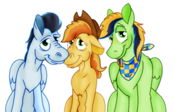 Size: 790x506 | Tagged: safe, artist:jennythejackass, braeburn, soarin', oc, oc:cortland cobbler, pony, g4, gay, hoers, hug, magical gay spawn, male, offspring, older, parent:braeburn, parent:soarin', parents:soarburn, saggy, saggy face, ship:soarburn, shipping, simple background, transparent background, wrinkles