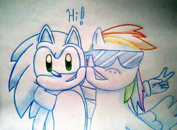 Size: 1550x1135 | Tagged: safe, artist:chikisxsxs210, rainbow dash, g4, crossover, male, sonic the hedgehog, sonic the hedgehog (series), sunglasses, traditional art