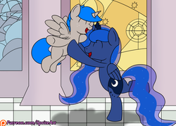 Size: 1400x1000 | Tagged: safe, artist:spritepony, princess luna, oc, oc:sprite, pony, g4, canterlot castle, cute, excited, happy, holding a pony, patreon, patreon logo, throne room, twirling