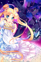 Size: 1200x1800 | Tagged: dead source, safe, artist:loyaldis, princess luna, alicorn, human, pony, g4, clothes, crossover, dress, duo, ear piercing, earring, earth, female, flower, heart eyes, jewelry, lidded eyes, long hair, looking at you, mare, necklace, piercing, princess serenity, sailor moon (series), spread wings, wingding eyes, wings
