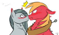 Size: 1024x622 | Tagged: dead source, safe, artist:minto-hameragi, big macintosh, marble pie, earth pony, pony, g4, blushing, blushing profusely, boop, male, ship:marblemac, shipping, stallion, straight, sweat
