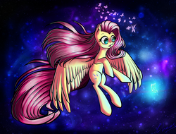 Size: 2100x1600 | Tagged: safe, artist:chaosangeldesu, fluttershy, butterfly, g4, curious, female, floating, looking at something, solo, space, spread wings
