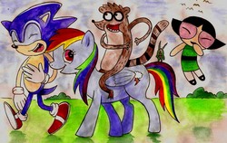 Size: 890x564 | Tagged: safe, artist:katiematie, rainbow dash, g4, buttercup (powerpuff girls), crossover, male, plankton, regular show, ride, rider, riding, rigby (regular show), sonic the hedgehog, sonic the hedgehog (series), spongebob squarepants, the powerpuff girls, traditional art