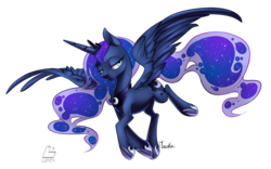 Size: 1000x622 | Tagged: safe, artist:moenkin, princess luna, alicorn, pony, g4, female, horseshoes, patreon, signature, simple background, solo, transparent background