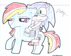 Size: 2592x2044 | Tagged: safe, artist:cupcakecat123123, rainbow dash, g4, crossover, high res, lined paper, male, riding, sonic riding rainbow dash, sonic the hedgehog, sonic the hedgehog (series), traditional art