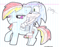 Size: 2592x2044 | Tagged: safe, artist:cupcakecat123123, rainbow dash, g4, crossover, high res, lined paper, male, riding, sonic the hedgehog, sonic the hedgehog (series), traditional art