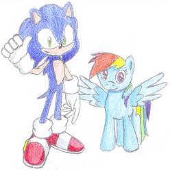 Size: 647x653 | Tagged: safe, artist:megaartist923, rainbow dash, g4, crossover, male, sonic the hedgehog, sonic the hedgehog (series), traditional art