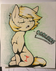 Size: 715x900 | Tagged: safe, artist:captainpudgemuffin, applejack, oc, oc:sparkling cider, earth pony, pony, ultimare universe, g4, alternate universe, darling, dialogue, eyes closed, female, freckles, mare, open mouth, solo, traditional art