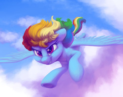 Size: 4200x3300 | Tagged: safe, artist:verulence, rainbow dash, pegasus, pony, g4, cloud, female, flying, grin, mare, smiling, solo, spread wings, wings