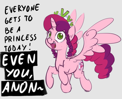 Size: 1600x1299 | Tagged: safe, artist:derkrazykraut, oc, oc only, oc:marker pony, alicorn, pony, 4chan, alicorn oc, crown, fourth wall, greentext, jewelry, looking at you, mlpg, regalia, solo, text