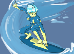 Size: 1280x930 | Tagged: safe, artist:mamorukusanagi, misty fly, equestria girls, g4, barefoot, breasts, busty misty fly, equestria girls-ified, feet, female, solo, surfboard, surfing, wave