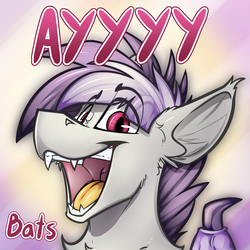 Size: 3100x3100 | Tagged: safe, artist:ralek, oc, oc only, oc:sunny sheila, bat pony, pony, fangs, high res, open mouth, smiling, solo, teeth, text, tongue out