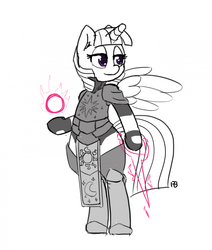 Size: 1280x1507 | Tagged: safe, artist:pabbley, twilight sparkle, alicorn, pony, g4, 30 minute art challenge, armor, bipedal, female, final fantasy, magic, monochrome, simple background, solo, twilight sparkle (alicorn), white background