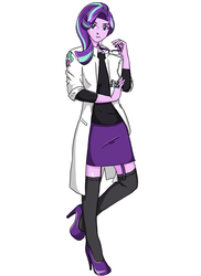 Size: 1280x1761 | Tagged: safe, artist:mamorukusanagi, starlight glimmer, equestria girls, g4, clothes, cutie mark, equestria girls-ified, garter belt, glasses, glasses off, high heels, lab coat, scientist, simple background, socks, thigh highs, white background