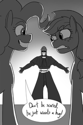 Size: 630x945 | Tagged: artist needed, source needed, safe, applejack, pinkie pie, human, g4, crossover, dark souls, monochrome, oswald of carim