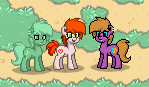 Size: 149x87 | Tagged: safe, oc, oc only, oc:grass, oc:love drop, oc:sage, earth pony, pony, pony town, standing, trio