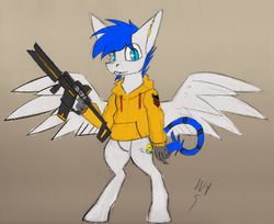 Size: 5815x4756 | Tagged: safe, artist:php122, oc, oc only, oc:wingedthoughts, cyborg, hippogriff, absurd resolution, clothes, colored sketch, cyberpunk, grabby boi, hoodie, kriss vector, male, sketch, spread wings