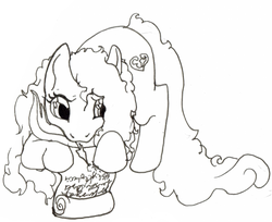 Size: 800x653 | Tagged: safe, artist:flyingfire, oc, oc only, oc:heartbreak, earth pony, pony, branding, female, heart, human in equestria, human to pony, male to female, mare, messy mane, monochrome, my little heartbreak, quill, rule 63, scroll, solo, traditional art, writing