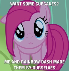 Size: 778x800 | Tagged: safe, artist:badumsquish-edits, derpibooru exclusive, edit, part of a set, pinkie pie, earth pony, pony, fanfic:cupcakes, g4, badumsquish's kitties, bronybait, cloud, cute, cuteamena, female, image macro, implied cupcakes, it's a trap, looking at you, looking up, looking up at you, meme, pinkamena diane pie, puppy dog eyes, sad, sitting, solo, text, this will end in tears, woobie