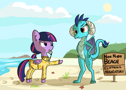 Size: 1280x914 | Tagged: safe, artist:tjpones, princess ember, twilight sparkle, alicorn, dragon, pony, g4, :t, beach, clothes, frown, glare, lewd, mouth hold, nudity, pointing, sign, swimsuit, twilight sparkle (alicorn), unamused, wat, we don't normally wear clothes, whistle