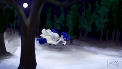 Size: 1920x1080 | Tagged: safe, artist:lunarcakez, princess luna, g4, clothes, dress, female, forest, night, running, snow, solo, tired