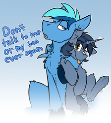 Size: 2182x2430 | Tagged: safe, artist:ralek, oc, oc only, oc:b.b., oc:umami stale, pegasus, pony, unicorn, :p, don't talk to me or my son ever again, fluffy, frown, glare, high res, holding, looking at you, male, meme, one eye closed, open mouth, size difference, smiling, stallion, talking to viewer, tongue out, underhoof, wink