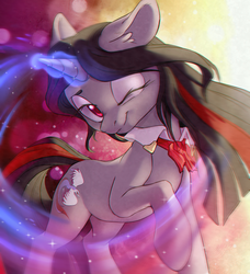 Size: 997x1092 | Tagged: safe, artist:ls_skylight, oc, oc only, oc:flydry, pony, unicorn, ascot, bowtie, colored pupils, ear fluff, female, floppy ears, looking at you, magic, magic aura, mare, one eye closed, raised hoof, solo, wink