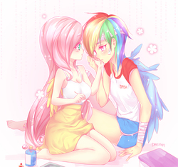 Size: 1800x1686 | Tagged: safe, artist:odaefnyo, fluttershy, rainbow dash, human, g4, blushing, breasts, cleavage, clothes, female, humanized, kneeling, lesbian, long hair, looking at each other, ship:flutterdash, shipping, simple background, sitting, skirt, tank top, white background, winged humanization