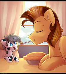 Size: 1024x1155 | Tagged: safe, artist:starlyfly, oc, oc only, cute, duo, father and son, foal, food, mouth hold, pie, spoon, weapons-grade cute