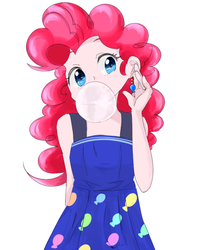 Size: 607x768 | Tagged: safe, artist:tomitake, pinkie pie, human, equestria girls, bubblegum, clothes, cute, diapinkes, dress, ear piercing, earring, female, food, gum, humanized, jewelry, piercing, pixiv, simple background, solo, white background
