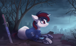 Size: 3321x2028 | Tagged: safe, artist:allyster-black, artist:yakovlev-vad, oc, oc only, oc:blackjack, cyborg, pony, unicorn, fallout equestria, fallout equestria: project horizons, amputee, armor, city, clothes, cloud, cloudy, cybernetic legs, dead tree, fanfic, fanfic art, female, high res, hooves, horn, jumpsuit, level 1 (project horizons), lying down, mare, pipboy, pipbuck, ruins, security armor, solo, sword, tree, vault security armor, vault suit, wasteland, weapon