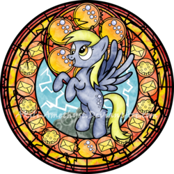 Size: 900x900 | Tagged: safe, artist:akili-amethyst, derpy hooves, pegasus, pony, g4, disney, dive to the heart, female, food, kingdom hearts, letter, lightning, mare, muffin, solo, stained glass, watermark